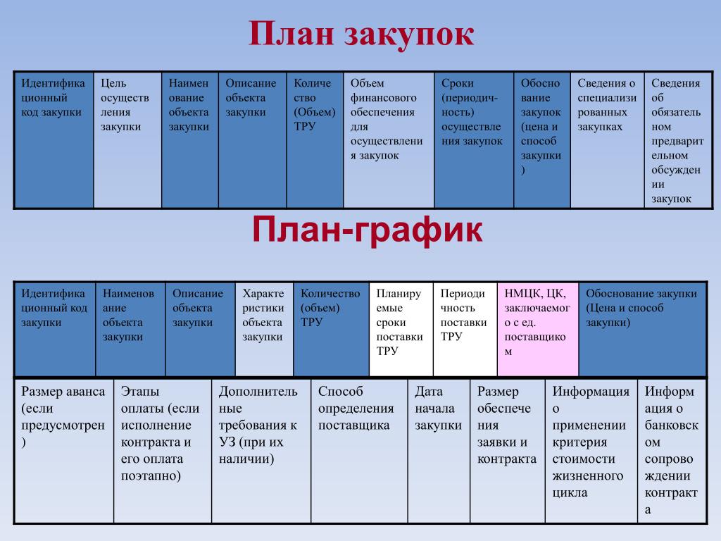 План график закупок пример заполнения